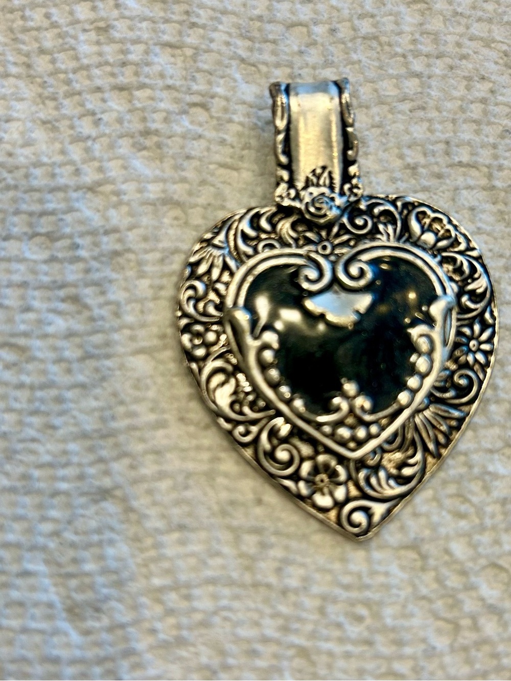Heart Chunky Pendant Silver Tone Floral Embossed Black Resin